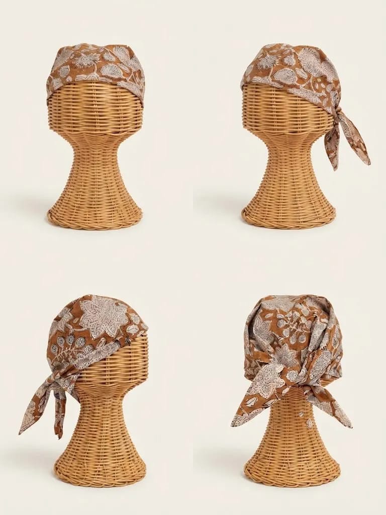 Four ways to tie the earth-brown botanical cotton bandana